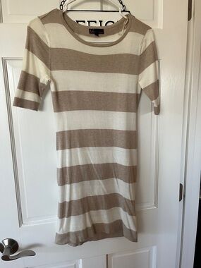t/o Beige and Cream Striped Midi Knit Dress